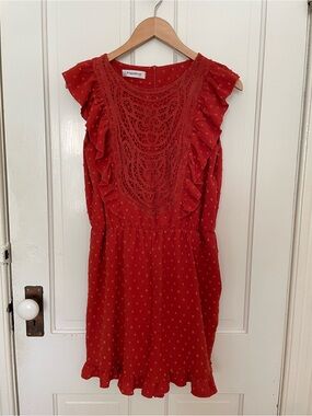 Angashion (Amazon) Dark Orange Crochet Yoke Ruffle Romper, sz L